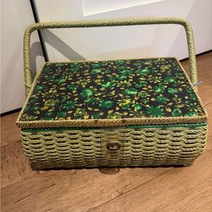 Vintage Green Floral Picnic Basket Sewing Box
